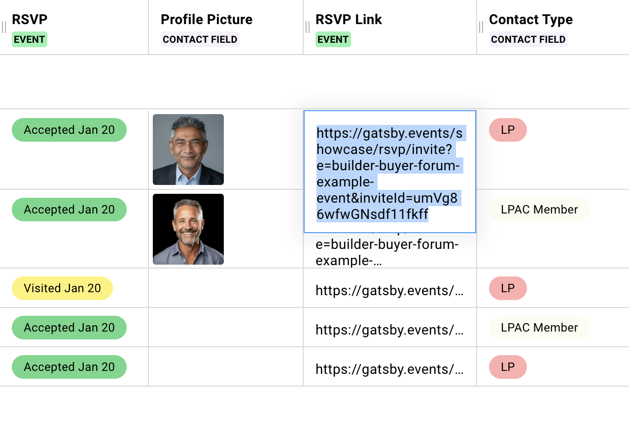 A close up of the guest list. There are a few columns here, and one of the columns is the RSVP link, which is a unique link per each guest on the guest list. 
